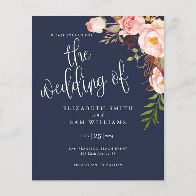 Budget Floral Simple Navy Blue Wedding Invitation Flyer (Front)