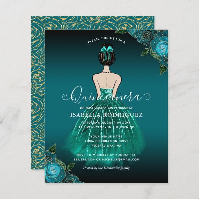 Budget Floral Teal Princess Gold Quinceañera (Front/Back)