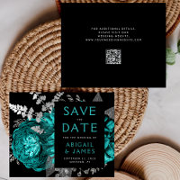Budget Floral Teal Silver QR Code Save the Date