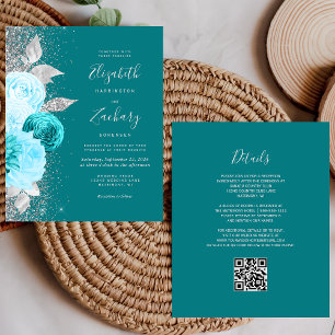 Budget Floral Turquoise Silver QR Code Wedding