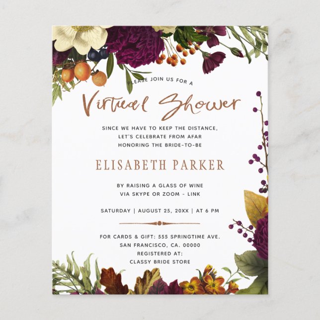 Budget floral virtual bridal shower invitation flyer (Front)