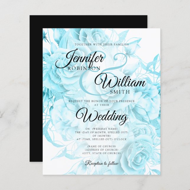 Budget Floral Wedding Invitation Black & Teal  (Front/Back)