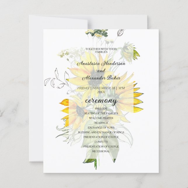 Budget Floral Wedding Program card. (Front)