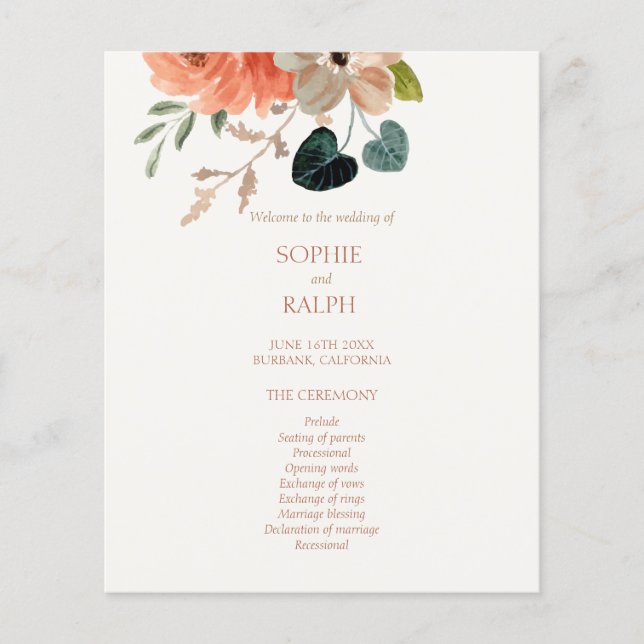 Budget Floral Wedding Program Ivory Paper Sheet (Front)