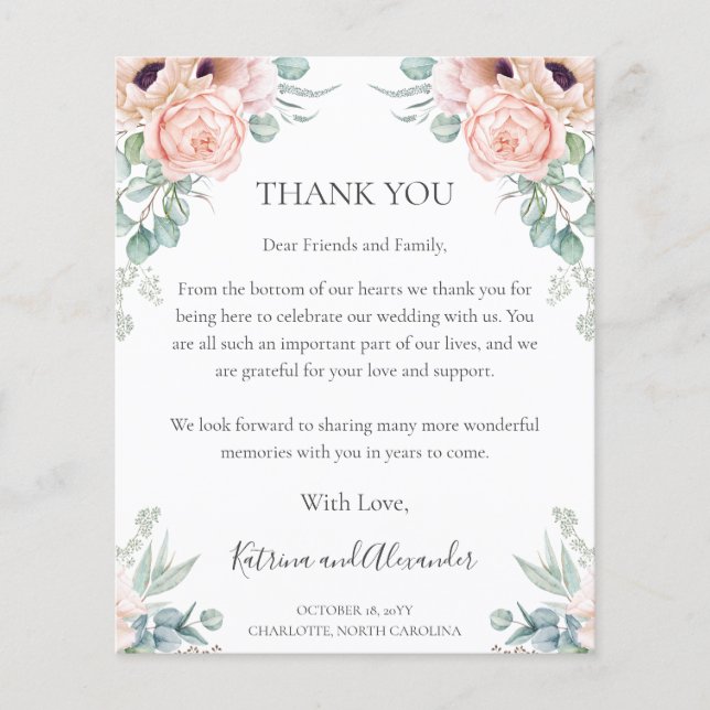 BUDGET Floral Wedding Reception Thank You Card (Front)