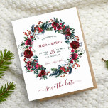 BUDGET floral winter Christmas wedding save date<br><div class="desc">Elegant modern script rustic Christmas wedding stylish affordable save the date template featuring a watercolor wreath of red burgundy peony roses, seasonal hunter green pine boughs, fir branches, red berries, and greenery foliage. Fill in your information in the spots. You can choose to customise it further changing fonts and colours...</div>
