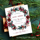 BUDGET floral winter Christmas wedding save date<br><div class="desc">Elegant modern script rustic Christmas wedding stylish affordable save the date template flyer featuring a watercolor wreath of red burgundy peony roses, seasonal hunter green pine boughs, fir branches, red berries, and greenery foliage. Fill in your information in the spots. The card is suitable for elegant rustic chic winter Christmas...</div>