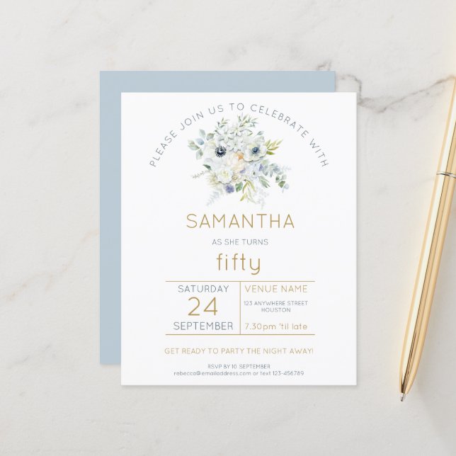 Budget Florals 50th Birthday Party Invitation (Front/Back In Situ)