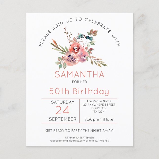 Budget Florals Coral Pink 50th Birthday Invitation (Front)