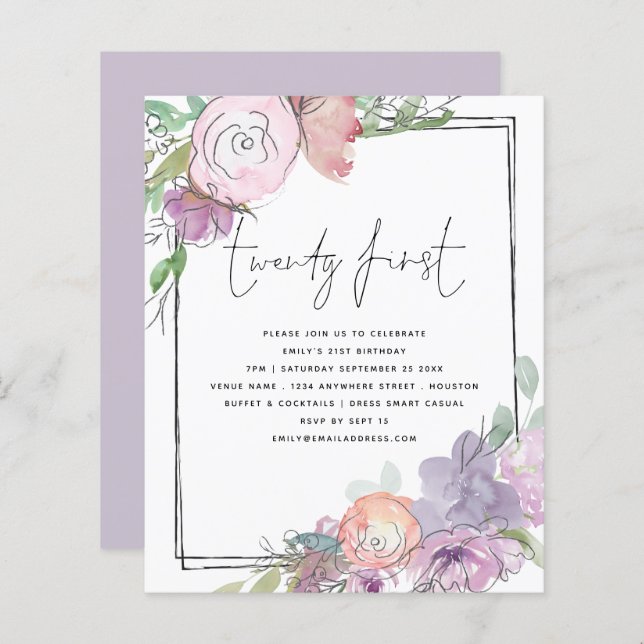 Budget Florals Scribble Frame 21st Party Invite (Front/Back)