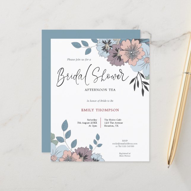 Budget Florals Script Bridal Shower Tea Invitation (Front/Back In Situ)