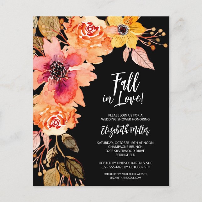 Budget Flowers on Black Bridal Shower Invitation Flyer (Front)