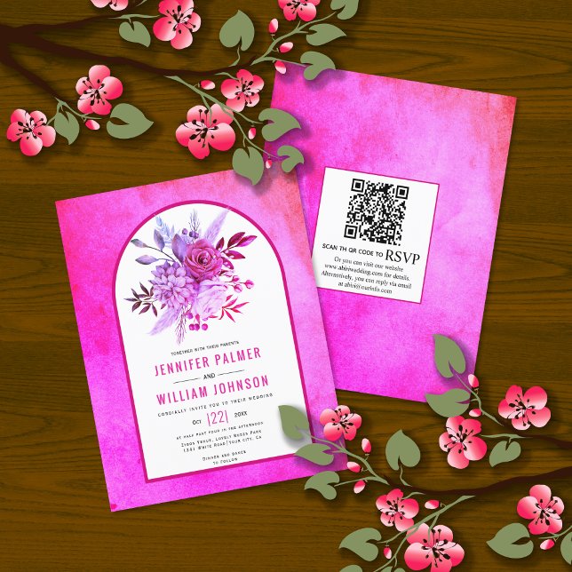 BUDGET Flowers QR code magenta wedding invitation (Creator Uploaded)