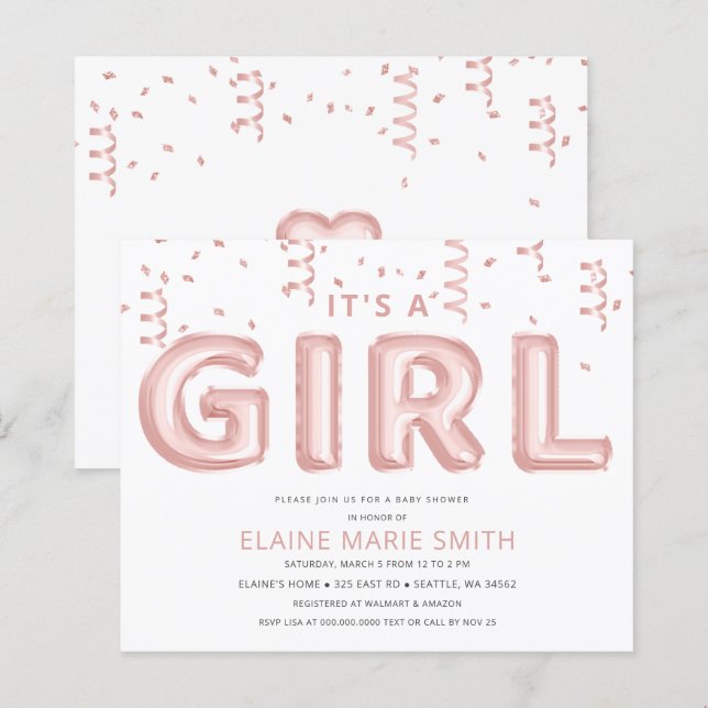 Budget Foil Balloons Girl Baby Shower Invitation (Front/Back)