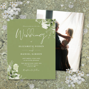 Budget Foliage Moss Green Photo Wedding Invitation