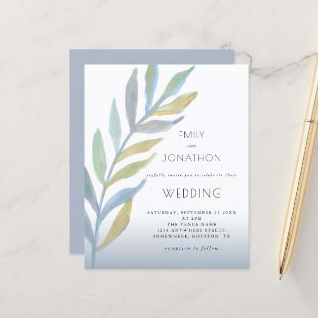 Budget Foliage Sea Glass Blue Wedding Invitation (Front/Back In Situ)