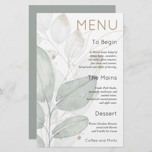 Budget Foliage Watercolor Sage Wedding Menu (Front/Back)