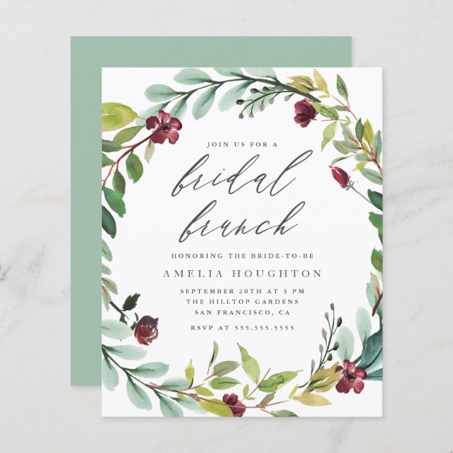 Budget Foliage Wreath Handwritten Bridal Brunch (Front/Back)