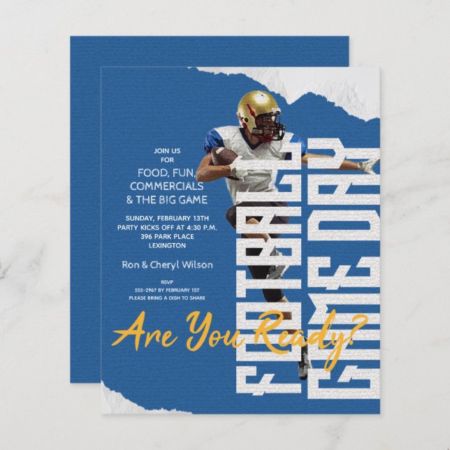 Budget Football Player Game Day Blue Invitations (Front/Back)