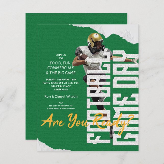Budget Football Player Game Day Green Invitations (Front/Back)