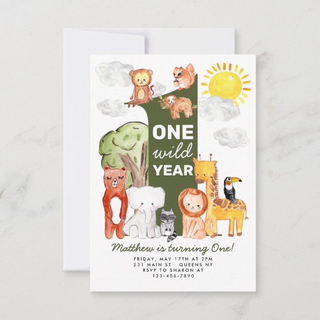 Budget Forest Animals ONE Wild Year Kids Birthday Card (Front)