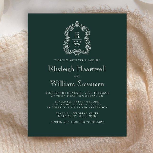 Budget Forest Green Monogram Crest Wedding Invite (Creator Uploaded)
