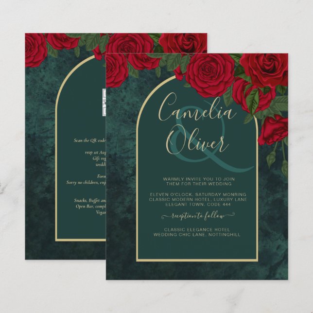 BUDGET ForestGreen RED Roses Winter Wedding INVITE (Front/Back)