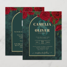 BUDGET ForestGreen RED Roses Winter Wedding INVITE