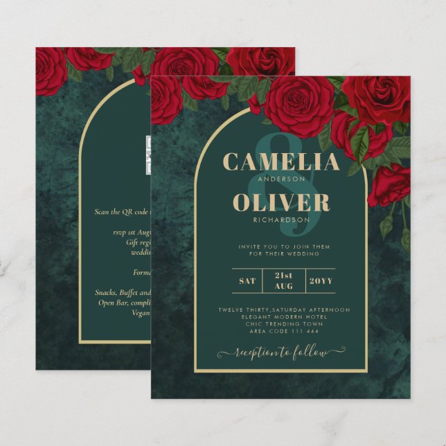 BUDGET ForestGreen RED Roses Winter Wedding INVITE (Front/Back)