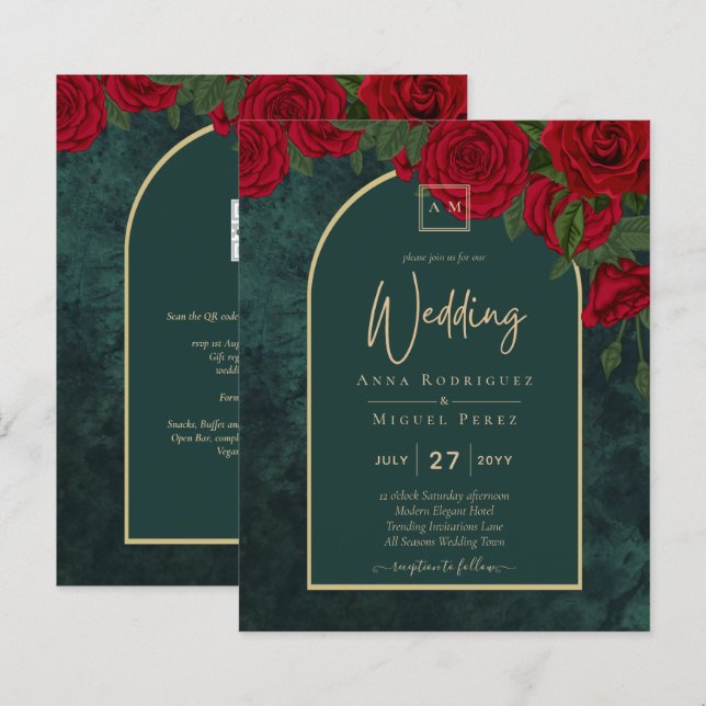 BUDGET ForestGreen RED Roses Winter Wedding INVITE (Front/Back)