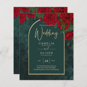 BUDGET ForestGreen RED Roses Winter Wedding INVITE