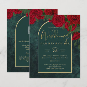 BUDGET ForestGreen RED Roses Winter Wedding INVITE