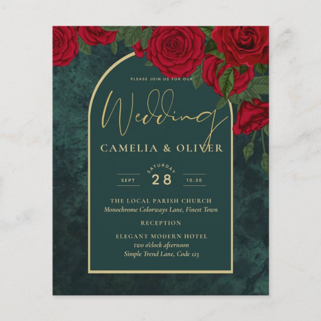 BUDGET ForestGreen RED Roses Winter Wedding INVITE Flyer (Front)