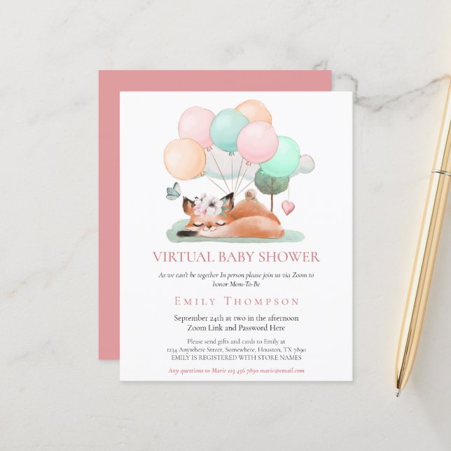 Budget Fox Asleep Pink Virtual Baby Shower Invite (Front/Back In Situ)
