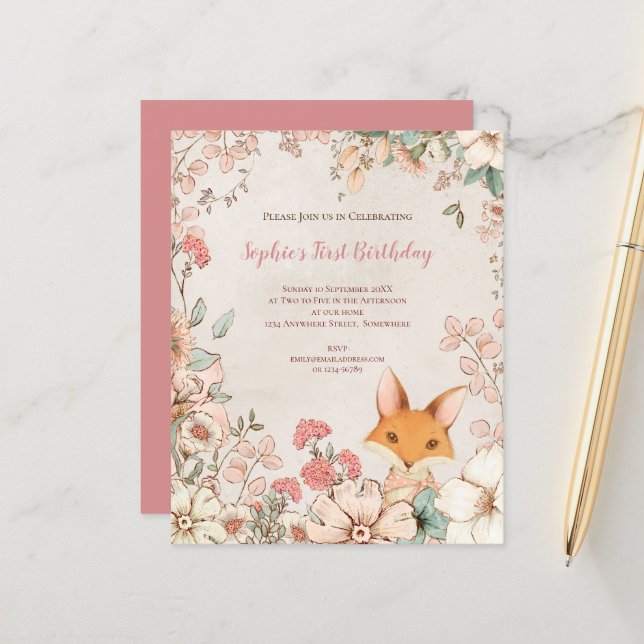 Budget Fox Floral Leaves 1st Birthday Girl (Front/Back In Situ)