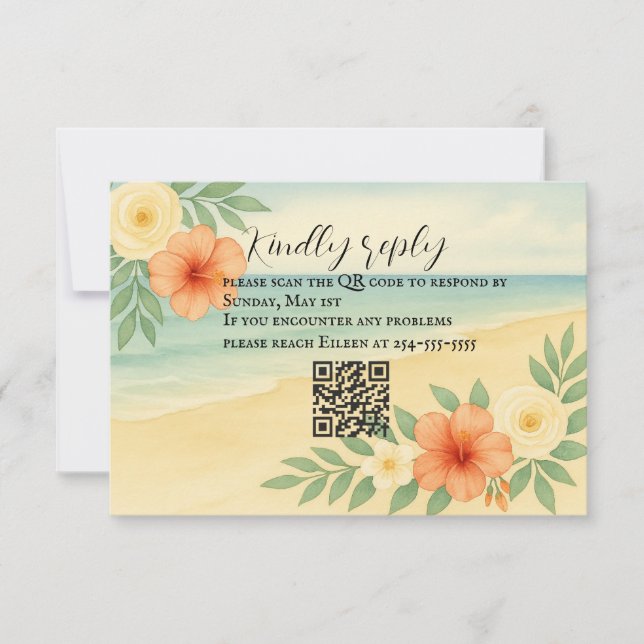 Budget Friendly Floral Beach QR Code RSVP Card (Front)