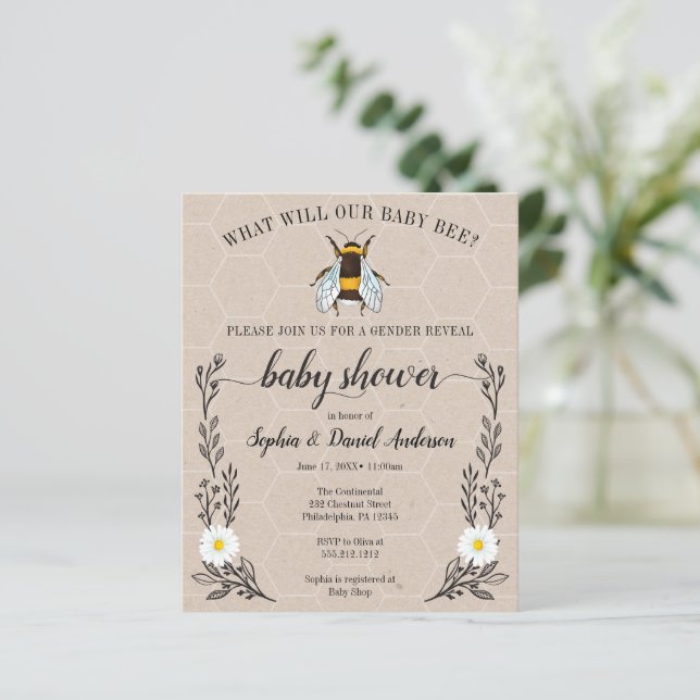 Budget Friendly What Will Baby Bee Invitation (Standing Front)