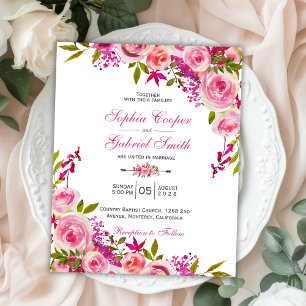 Budget Fuchsia Pink Floral Wedding Invitation