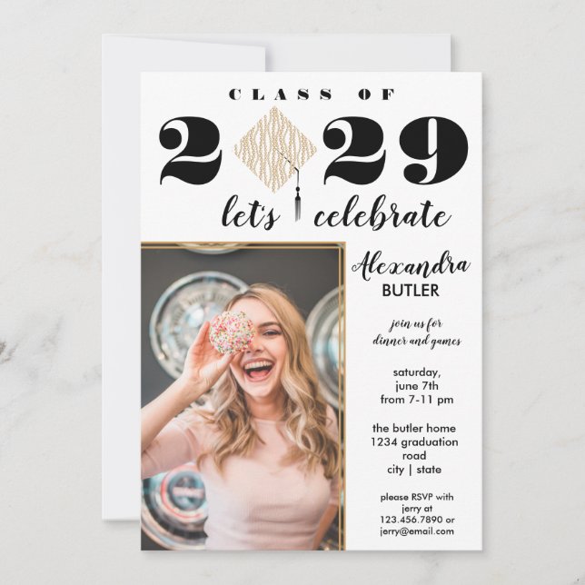 Budget Fun Facts Photo Script Class of Graduation Invitation (Front)