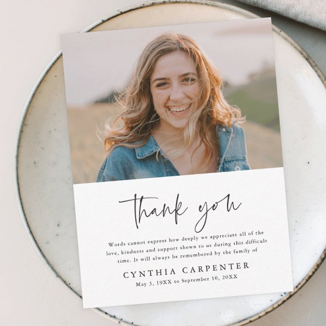 Budget Funeral Memorial Photo Thank You Card (Simple typography black and white photo budget memorial thank you card.)