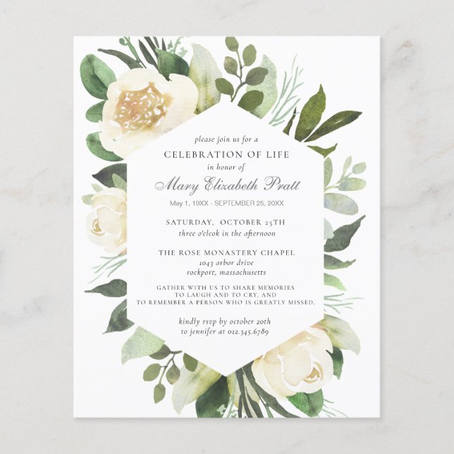 Budget Funeral Memorial White Floral Invitation (Front)