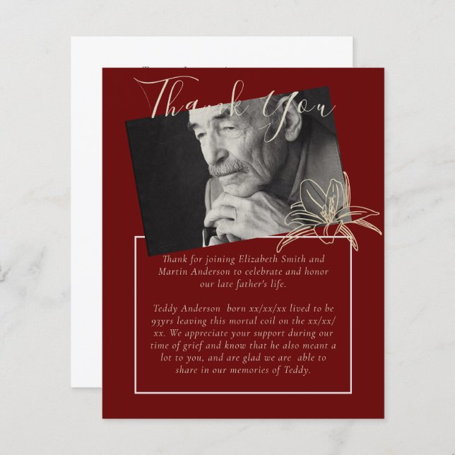 BUDGET Funeral Thank You Photo Burgundy Gold (Front/Back)