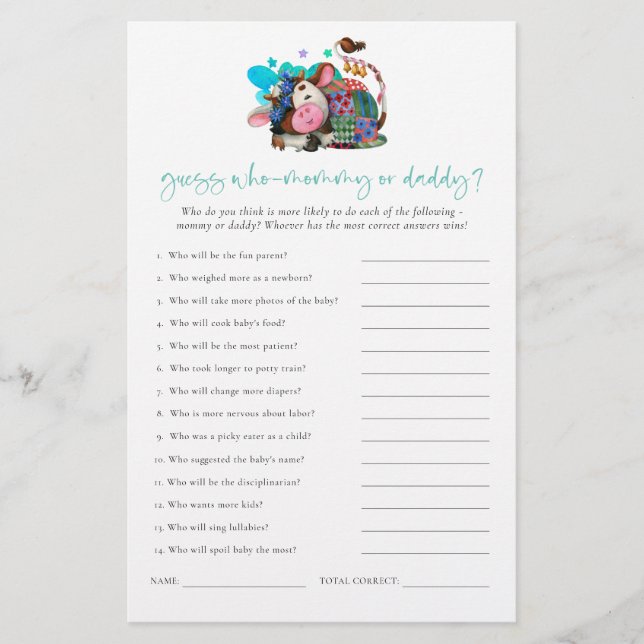 Budget Game Guess Who Mum Dad Cow Baby Shower (Front)
