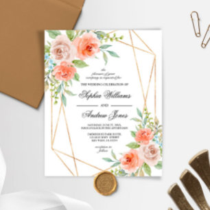 Budget Garden Rose & Gold Frame Wedding Invitation