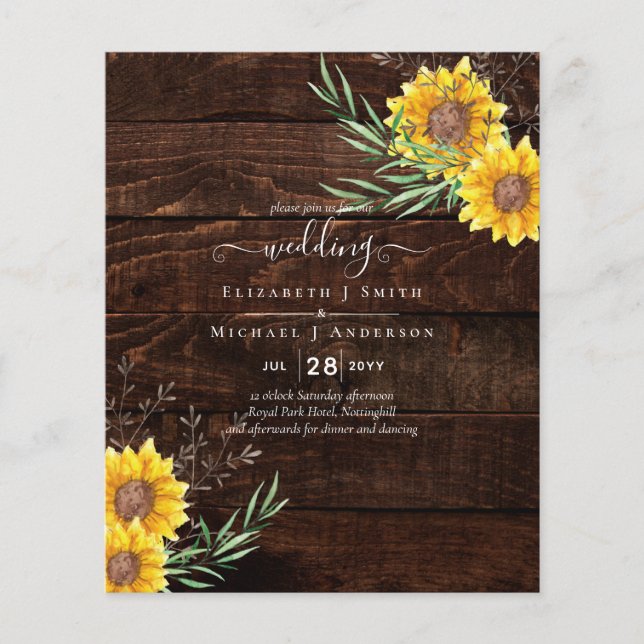 BUDGET Garden Sunflowers Rustic Wood Wedding Flyer (Front)
