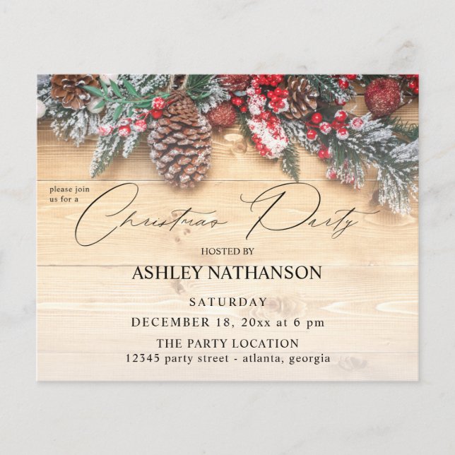 Budget Garland & Berries Rustic Christmas Party Flyer (Front)