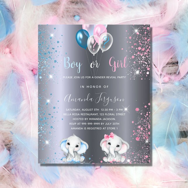 Budget gender reveal baby shower elephant silver (Creator Uploaded)