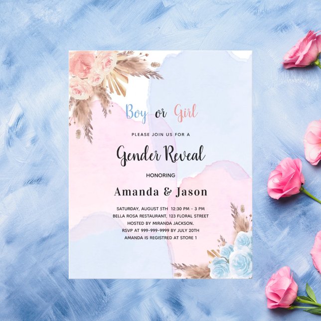 Budget gender reveal pampas pink blue invitation (Creator Uploaded)