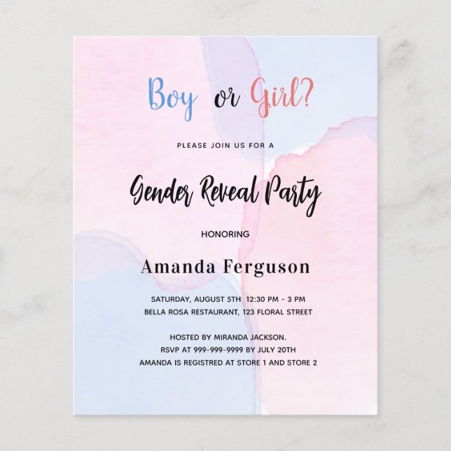 Budget gender reveal party pink blue invitation (Front)