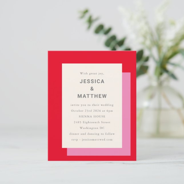 Budget Geometric Bold Pink Red Wedding Invitation (Standing Front)